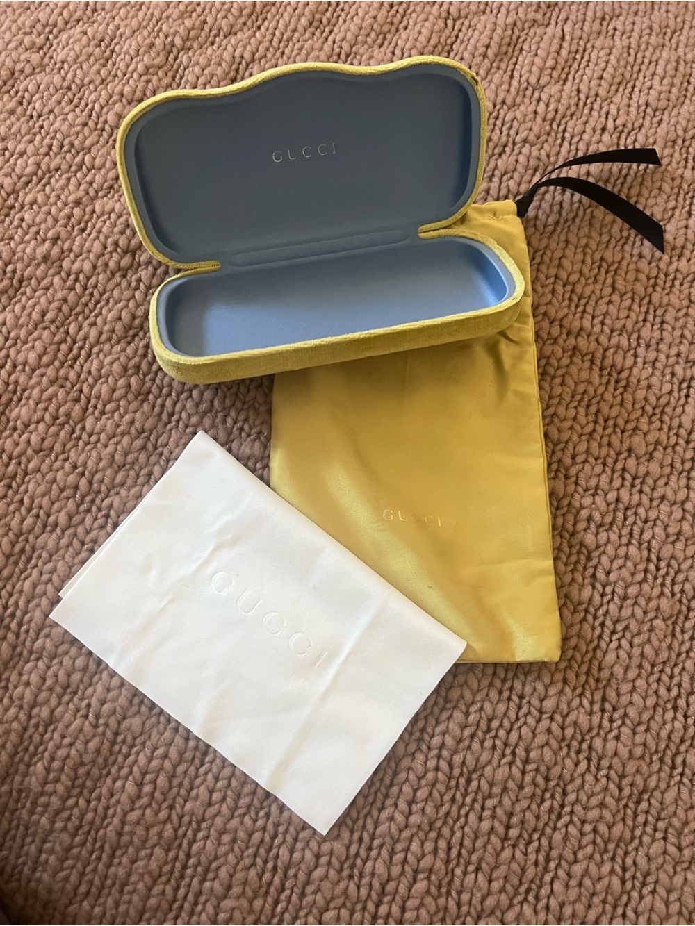 Gucci Yellow Velvet Eyewear Case with Light Blue Interior and Dust Pouch